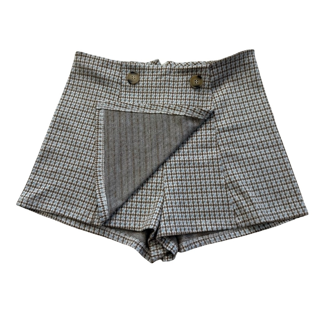 Altar'd State High Waist 90s Preppy Plaid Shorts Navy Blue and Brown - Picture 3 of 4